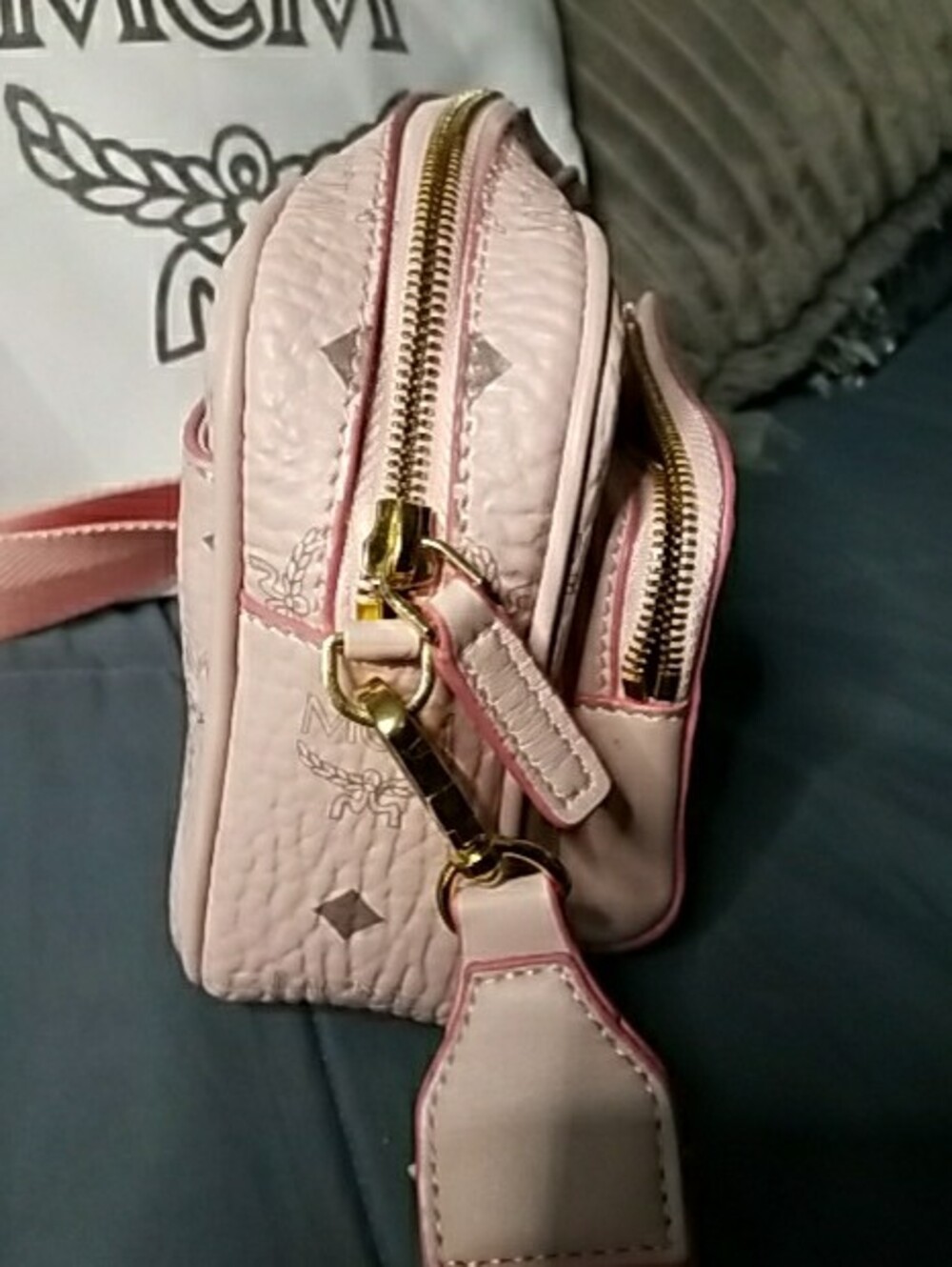 MCM Pale Pink Logo Crossbody Camera Bag with Gold Plaque - Picture 3 of 13